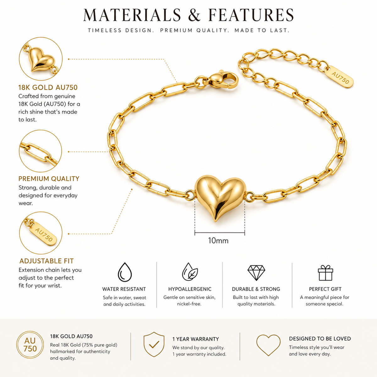 Nuba 18K Gold Heart Chain Bracelet